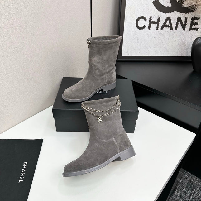 CHANEL 25S SHORT BOOTS IN GRAY SUEDE SILVER HARDWRE