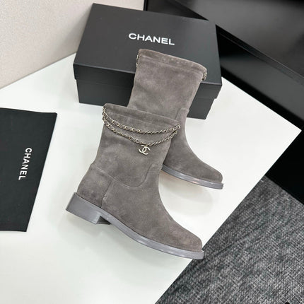CHANEL 25S SHORT BOOTS IN GRAY SUEDE SILVER HARDWRE