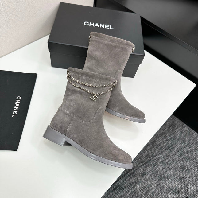 CHANEL 25S SHORT BOOTS IN GRAY SUEDE SILVER HARDWRE
