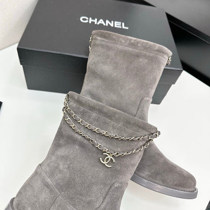 CHANEL 25S SHORT BOOTS IN GRAY SUEDE SILVER HARDWRE