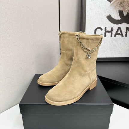 CHANEL 25S SHORT BOOTS IN LIGHT GOLD SUEDE SILVER HARDWRE