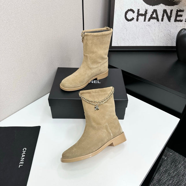 CHANEL 25S SHORT BOOTS IN LIGHT GOLD SUEDE SILVER HARDWRE