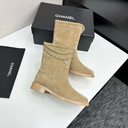 CHANEL 25S SHORT BOOTS IN LIGHT GOLD SUEDE SILVER HARDWRE