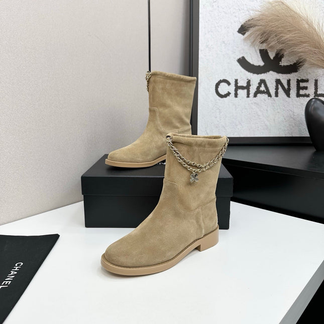 CHANEL 25S SHORT BOOTS IN LIGHT GOLD SUEDE SILVER HARDWRE