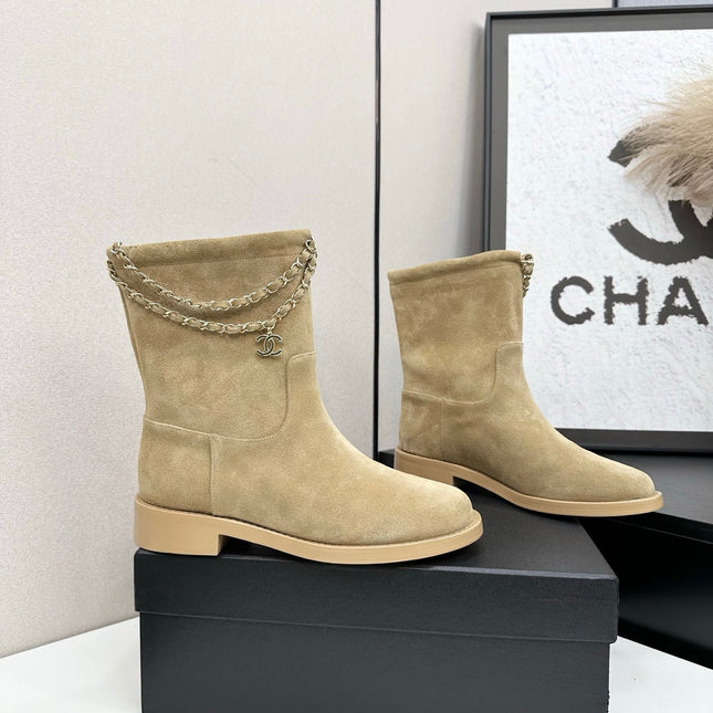 CHANEL 25S SHORT BOOTS IN LIGHT GOLD SUEDE SILVER HARDWRE
