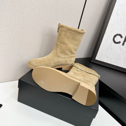 CHANEL 25S SHORT BOOTS IN LIGHT GOLD SUEDE SILVER HARDWRE