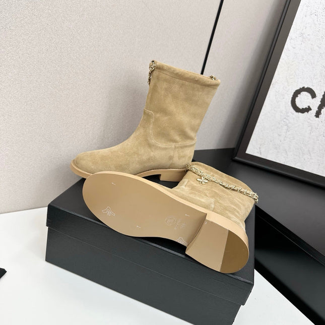 CHANEL 25S SHORT BOOTS IN LIGHT GOLD SUEDE SILVER HARDWRE