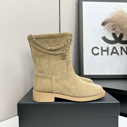 CHANEL 25S SHORT BOOTS IN LIGHT GOLD SUEDE SILVER HARDWRE