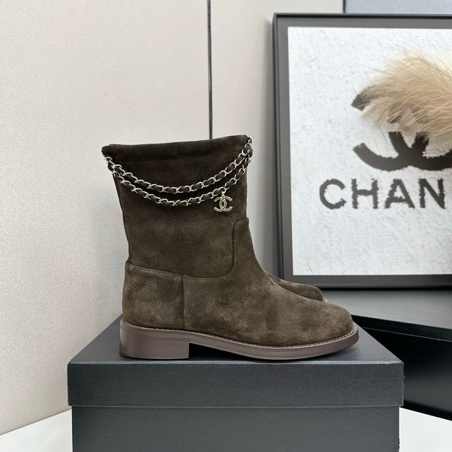 CHANEL 25S SHORT BOOTS IN BROWN SUEDE SILVER HARDWRE