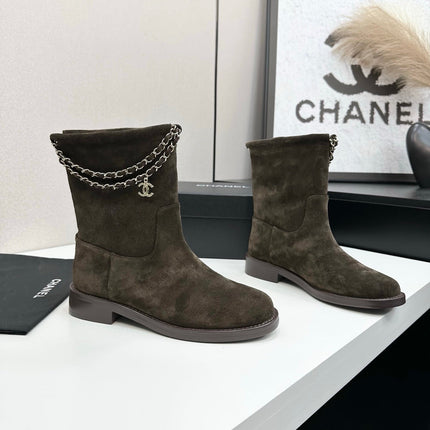CHANEL 25S SHORT BOOTS IN BROWN SUEDE SILVER HARDWRE