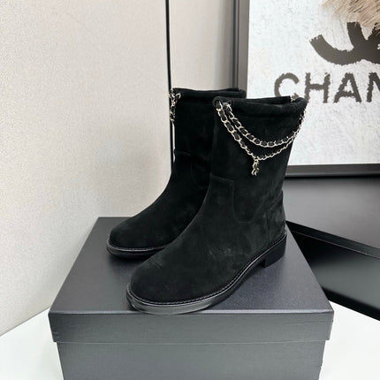 CHANEL 25S SHORT BOOTS IN BLACK SUEDE SILVER HARDWRE
