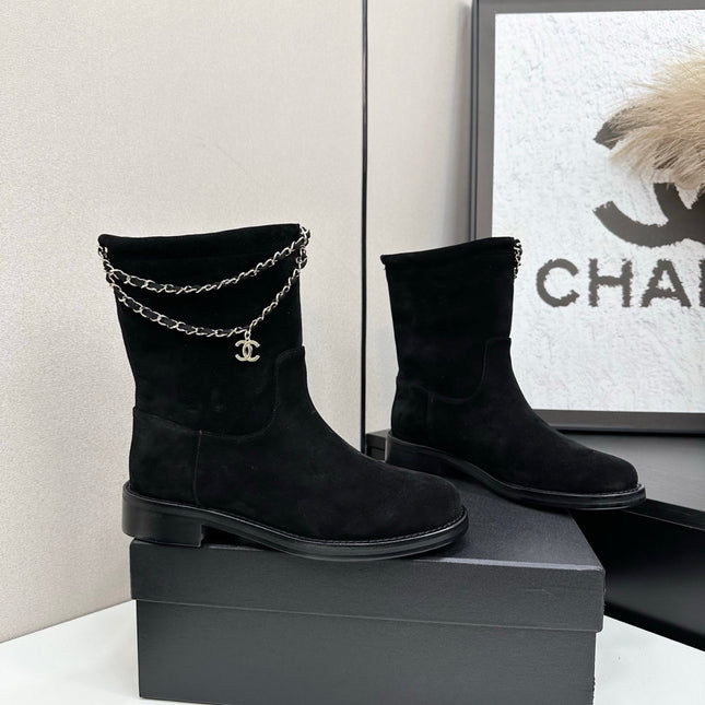 CHANEL 25S SHORT BOOTS IN BLACK SUEDE SILVER HARDWRE
