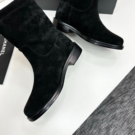 CHANEL 25S SHORT BOOTS IN BLACK SUEDE SILVER HARDWRE