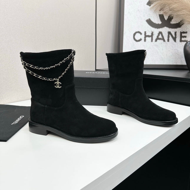 CHANEL 25S SHORT BOOTS IN BLACK SUEDE SILVER HARDWRE