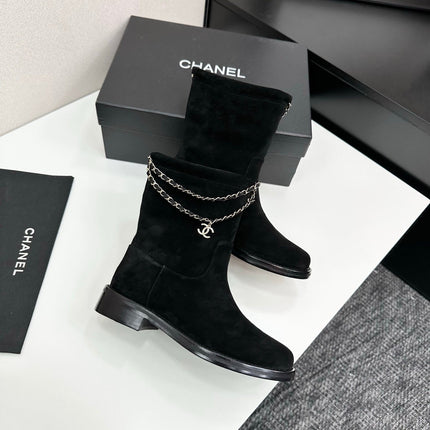 CHANEL 25S SHORT BOOTS IN BLACK SUEDE SILVER HARDWRE