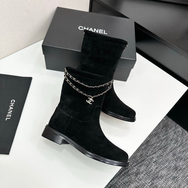 CHANEL 25S SHORT BOOTS IN BLACK SUEDE SILVER HARDWRE