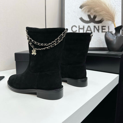CHANEL 25S SHORT BOOTS IN BLACK SUEDE SILVER HARDWRE