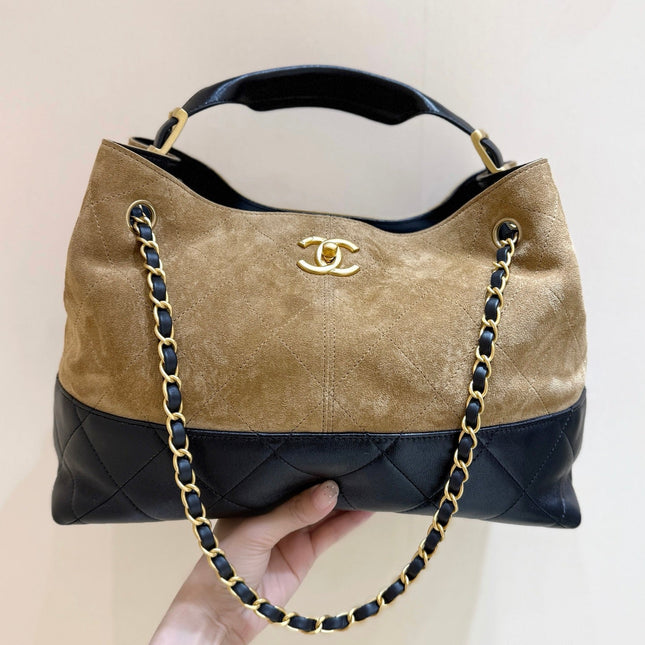 CHANEL 25S LARGE HOBO BAG 36 IN SUEDE COMBINED WITH LAMBSKIN GOLD HARDWARE