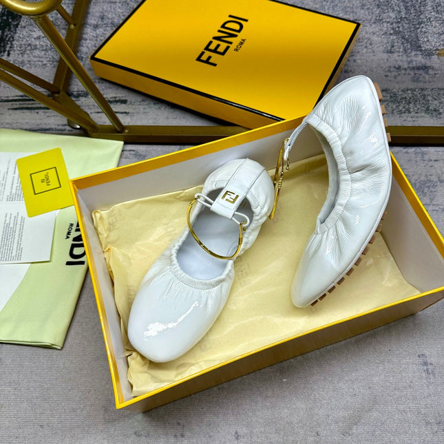 FENDI FILO BALLET IN WHITE LAMBSKIN WITH GOLD HARDWARE