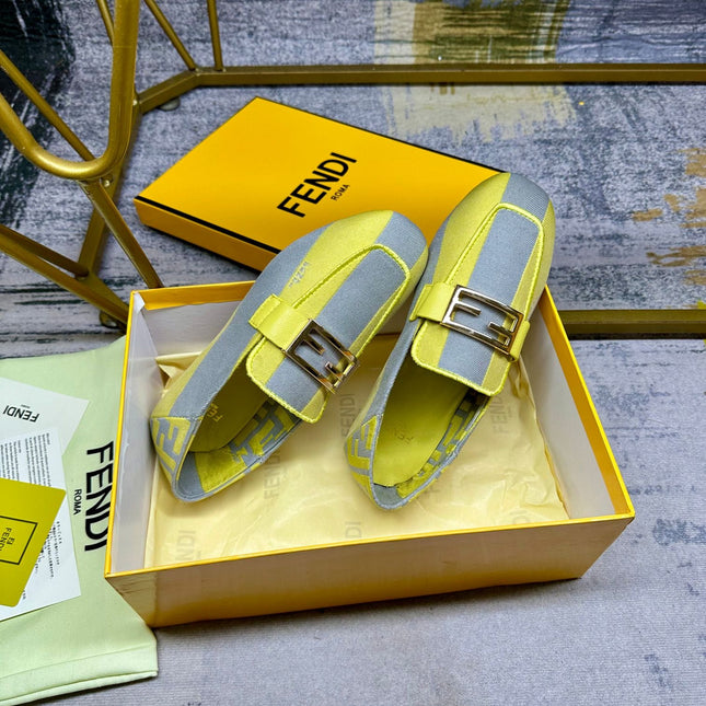 FENDI BAGUETTE LOAFERS IN GREY MIX LEMON YELLOW CANVAS GOLD HARDWARE