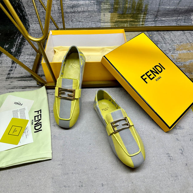 FENDI BAGUETTE LOAFERS IN GREY MIX LEMON YELLOW CANVAS GOLD HARDWARE