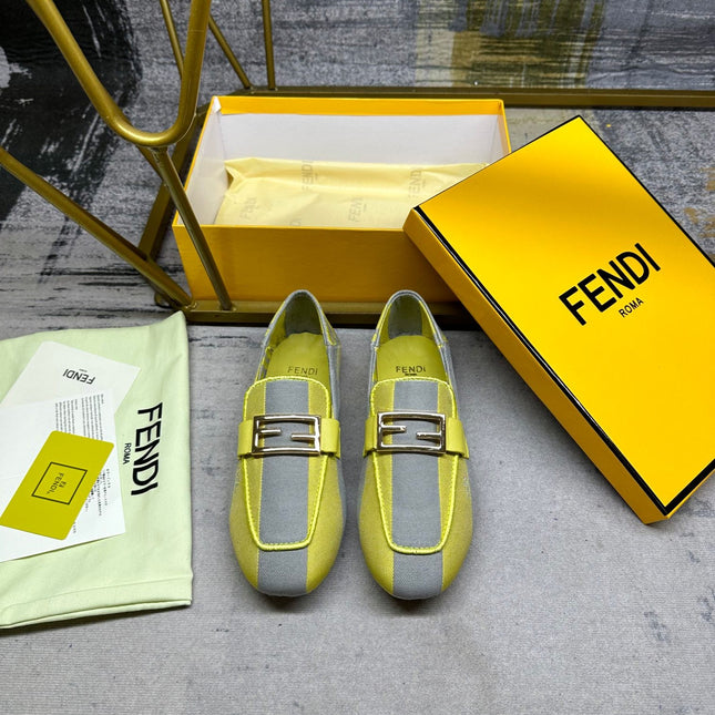 FENDI BAGUETTE LOAFERS IN GREY MIX LEMON YELLOW CANVAS GOLD HARDWARE