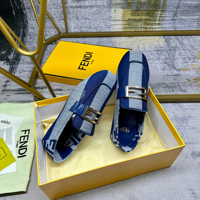 FENDI BAGUETTE LOAFERS IN AZURE BLUE CANVAS GOLD HARDWARE
