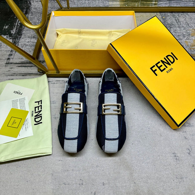 FENDI BAGUETTE LOAFERS IN NAVY BLUE MIX WHITE CANVAS GOLD HARDWARE