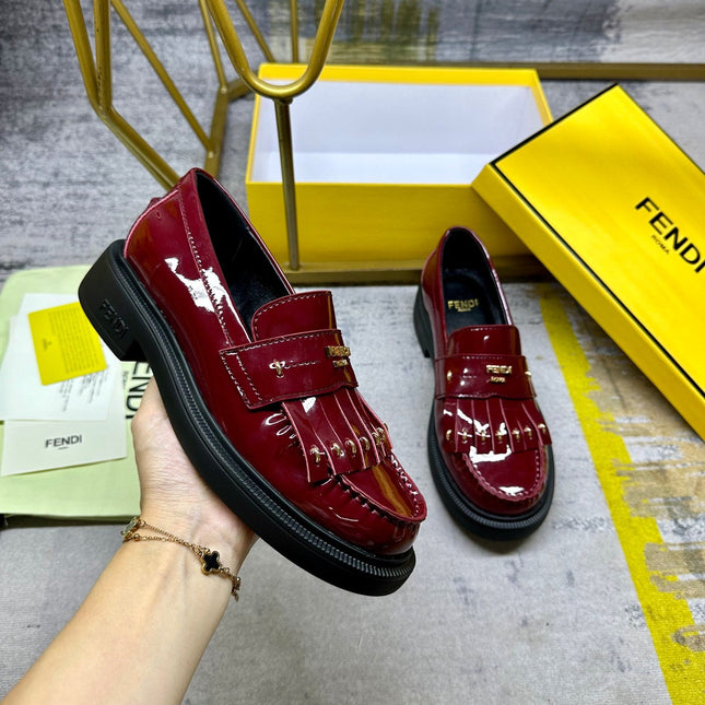 FENDI BAGUETTE LOAFERS IN MAROON RED CALFSKIN WITH GOLD HARDWARE