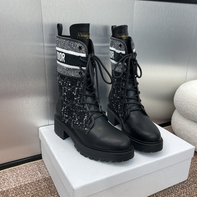 DIOR 25S D-MAJOR ANKLE BOOT 45MM IN BLACK AND WHITE CANNAGE TWEED AND BLACK CALFSKIN