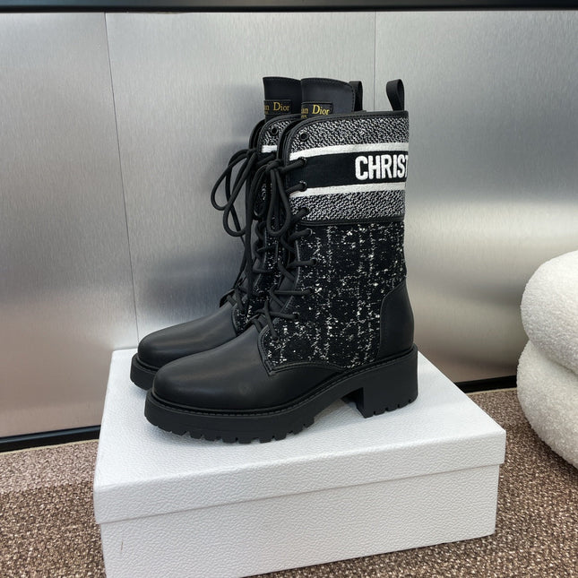 DIOR 25S D-MAJOR ANKLE BOOT 45MM IN BLACK AND WHITE CANNAGE TWEED AND BLACK CALFSKIN