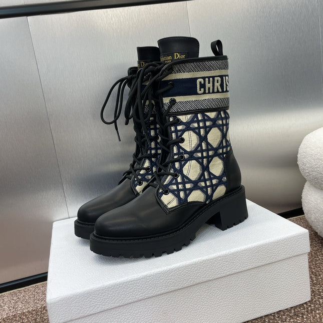 DIOR 25S D-MAJOR ANKLE BOOT MACROCANNAGE DEEP BLUE BEIGE 45MM IN BLACK CALFSKIN