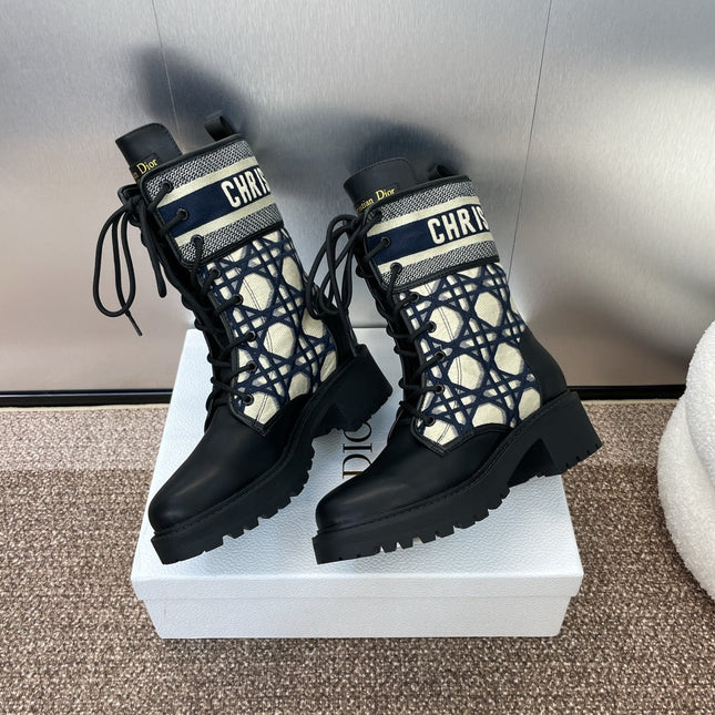 DIOR 25S D-MAJOR ANKLE BOOT MACROCANNAGE DEEP BLUE BEIGE 45MM IN BLACK CALFSKIN