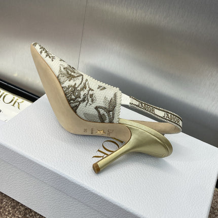 J'ADIOR HIGH SLINGBACK PUMP WHITE AND GOLD-TONE MILLEFIORI JACQUARD 95 MM