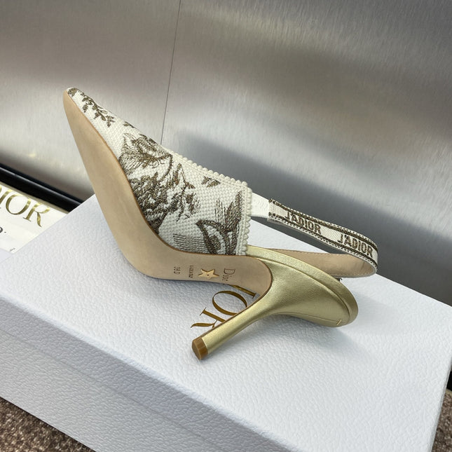 J'ADIOR HIGH SLINGBACK PUMP WHITE AND GOLD-TONE MILLEFIORI JACQUARD 95 MM