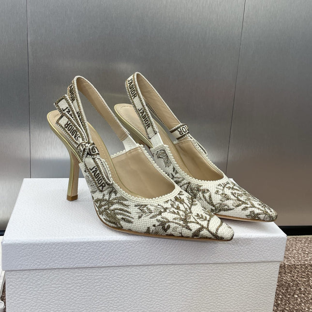 J'ADIOR HIGH SLINGBACK PUMP WHITE AND GOLD-TONE MILLEFIORI JACQUARD 95 MM