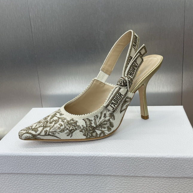 J'ADIOR HIGH SLINGBACK PUMP WHITE AND GOLD-TONE MILLEFIORI JACQUARD 95 MM