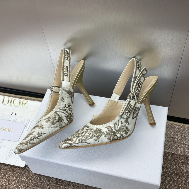 J'ADIOR HIGH SLINGBACK PUMP WHITE AND GOLD-TONE MILLEFIORI JACQUARD 95 MM