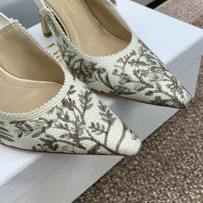 J'ADIOR HIGH SLINGBACK PUMP WHITE AND GOLD-TONE MILLEFIORI JACQUARD 95 MM