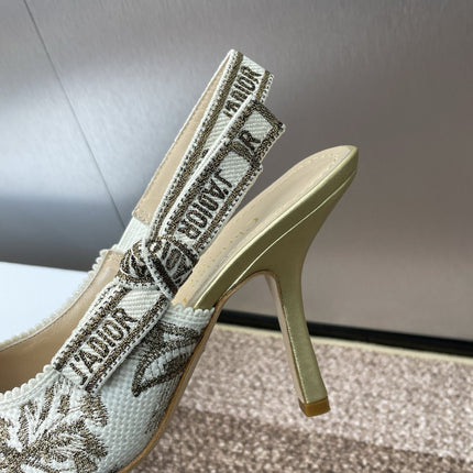 J'ADIOR HIGH SLINGBACK PUMP WHITE AND GOLD-TONE MILLEFIORI JACQUARD 95 MM