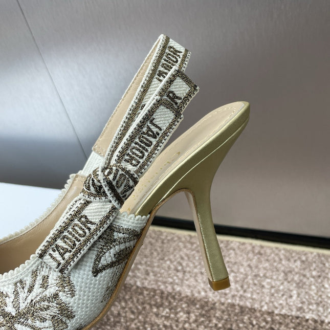 J'ADIOR HIGH SLINGBACK PUMP WHITE AND GOLD-TONE MILLEFIORI JACQUARD 95 MM