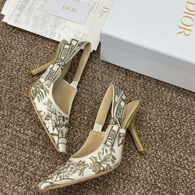 J'ADIOR HIGH SLINGBACK PUMP WHITE AND GOLD-TONE MILLEFIORI JACQUARD 95 MM