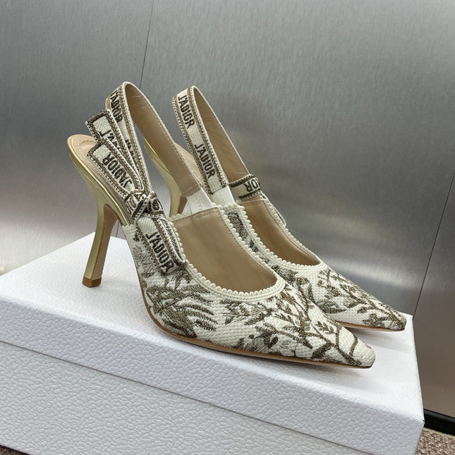 J'ADIOR HIGH SLINGBACK PUMP WHITE AND GOLD-TONE MILLEFIORI JACQUARD 95 MM