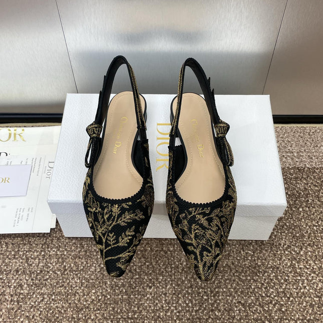 J'ADIOR SLINGBACK PUMP BLACK AND GOLD-TONE MILLEFIORI JACQUARD
