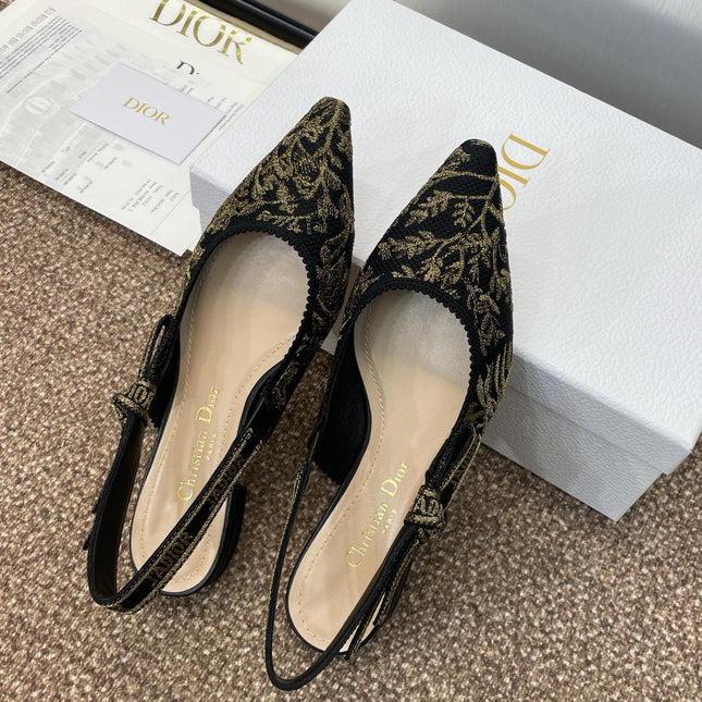 J'ADIOR SLINGBACK PUMP BLACK AND GOLD-TONE MILLEFIORI JACQUARD