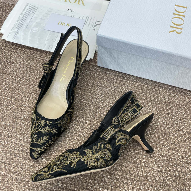 J'ADIOR HIGH SLINGBACK PUMP BLACK AND GOLD-TONE MILLEFIORI JACQUARD 65 MM