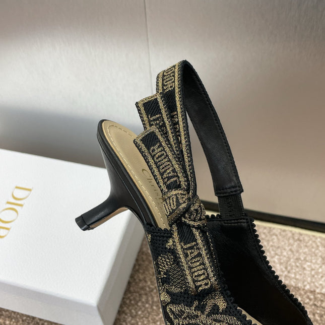 J'ADIOR HIGH SLINGBACK PUMP BLACK AND GOLD-TONE MILLEFIORI JACQUARD 65 MM