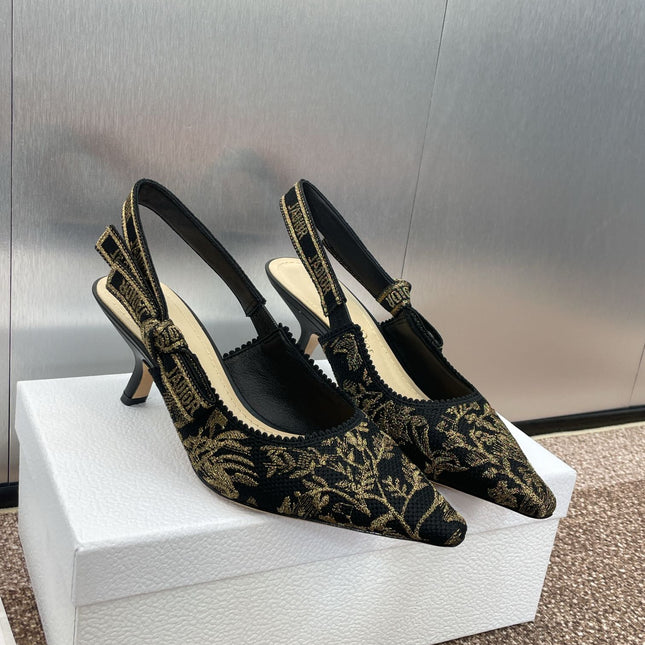 J'ADIOR HIGH SLINGBACK PUMP BLACK AND GOLD-TONE MILLEFIORI JACQUARD 65 MM
