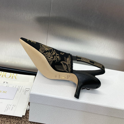J'ADIOR HIGH SLINGBACK PUMP BLACK AND GOLD-TONE MILLEFIORI JACQUARD 65 MM