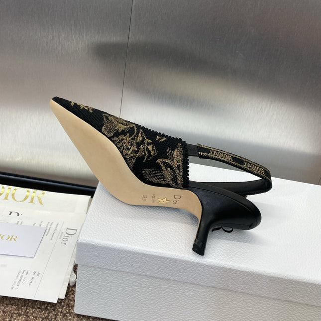 J'ADIOR HIGH SLINGBACK PUMP BLACK AND GOLD-TONE MILLEFIORI JACQUARD 65 MM